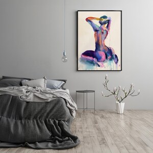 Lámina de arte erótico – Acuarela colorida de desnudo sentado / Figura femenina abstracta / Cuadro de desnudo para pared imagen 2