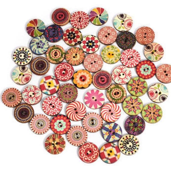 Wooden Buttons 100 / 60 / 20 Bohemian Boho Retro Style Buttons 15mm