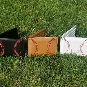 Cartera de béisbol de cuero, plegable para hombre, con costura de béisbol