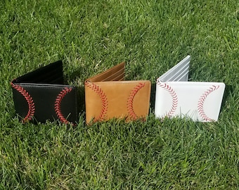 Cartera de béisbol de cuero, plegable para hombre, con costura de béisbol