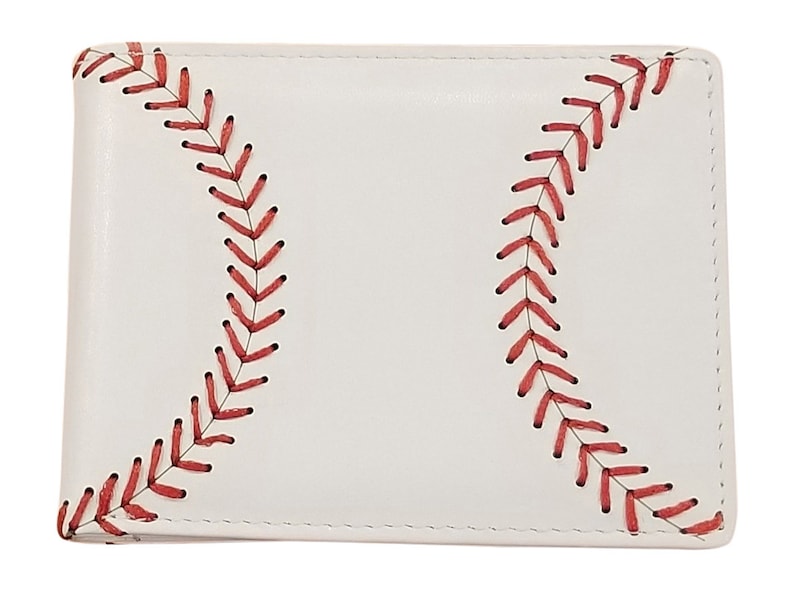Leather Baseball Wallet, Men's Bi-fold with Baseball Seam Stitch White