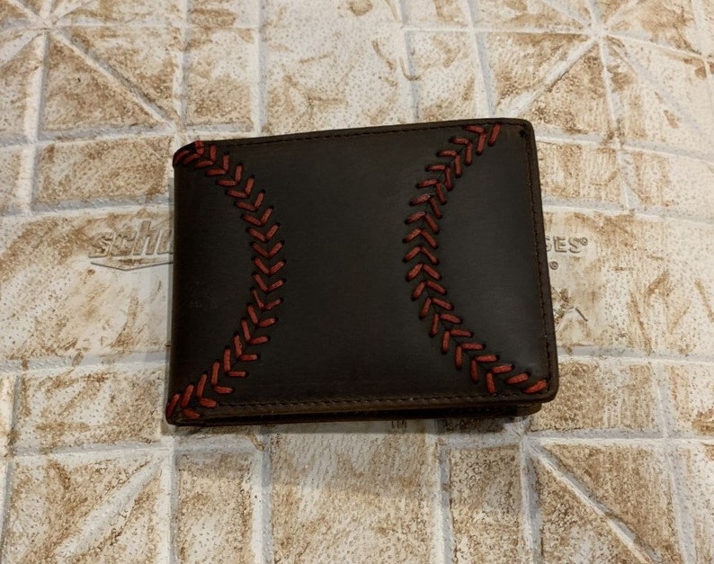 Leather Baseball Wallet, Men's Bi-fold with Baseball Seam Stitch Dark Brown
