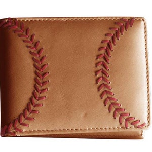 Leather Baseball Wallet, Men's Bi-fold with Baseball Seam Stitch Tan