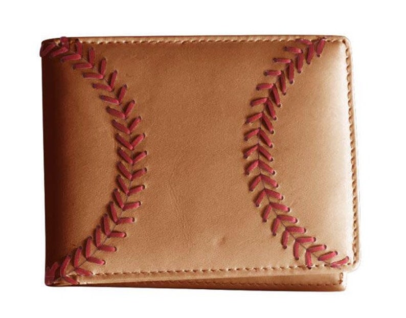 Leather Baseball Wallet, Men's Bi-fold with Baseball Seam Stitch Tan