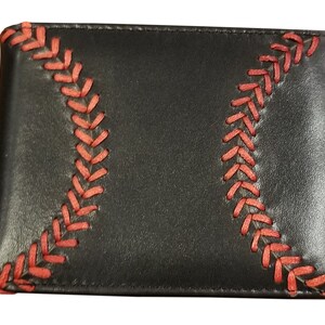 Leather Baseball Wallet, Men's Bi-fold with Baseball Seam Stitch Black