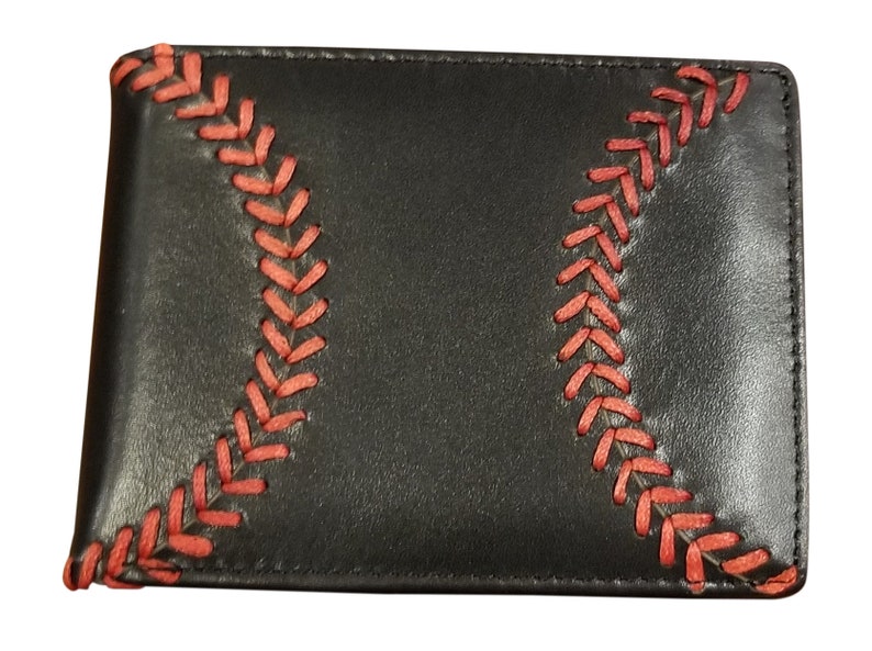 Leather Baseball Wallet, Men's Bi-fold with Baseball Seam Stitch Black