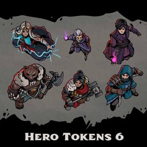 Può includere: Sei gettoni di eroi fantasy con design e colori distinti. I personaggi includono un mago con fulmini, un guerriero orso con un'ascia e un ladro incappucciato con un pugnale. Il testo "HERO TOKENS 6" è in basso.