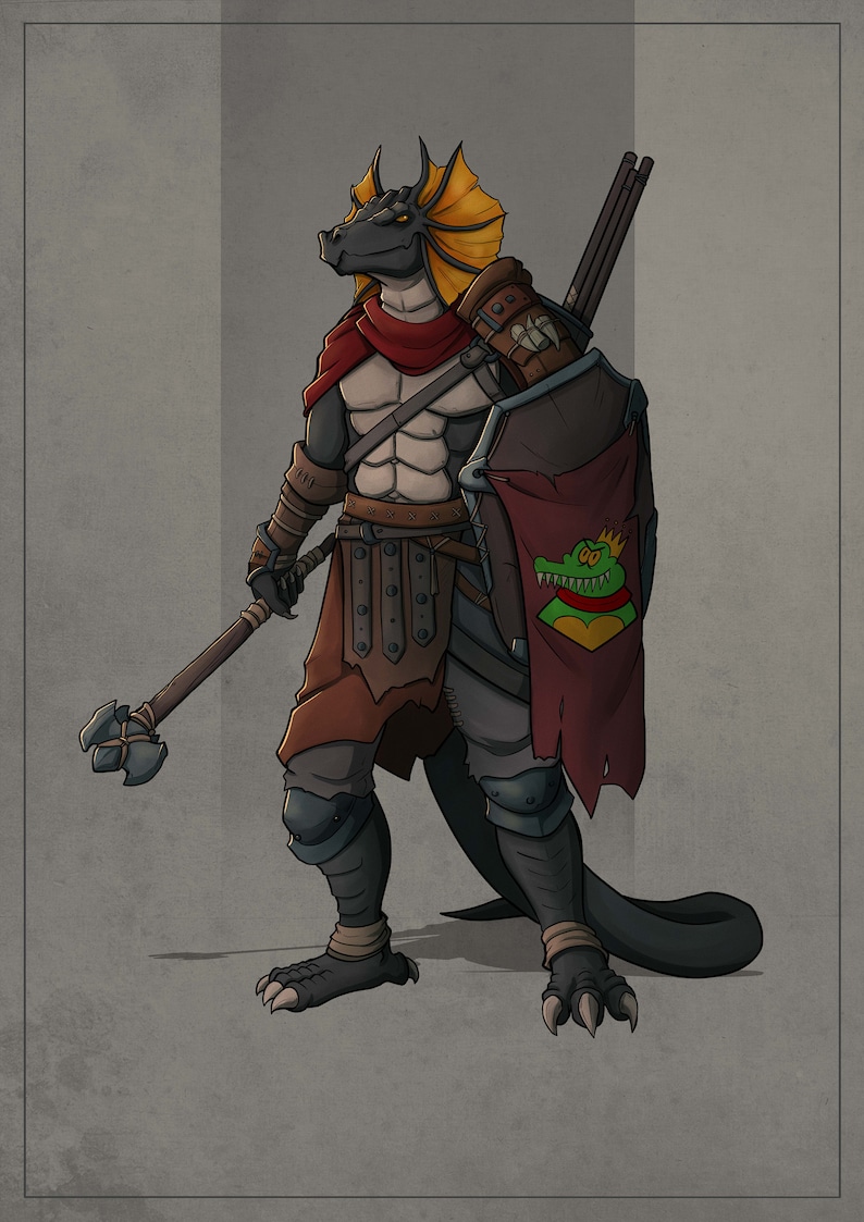 以下が含まれることがあります： 爬虫類ヒューマノイド戦士のデジタルイラスト。キャラクターは鎧をまとい、メイスを持ち、ワニのエンブレムが付いた盾を運んでいます。カラーパレットには、グレー、ブラウン、レッド、イエローの色合いが含まれています。