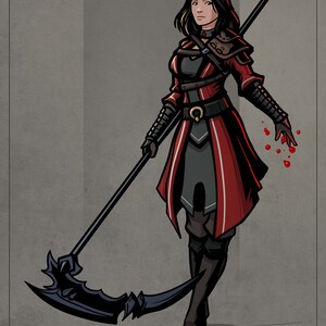 May include: A woman in a red and black outfit holds a large black scythe with a curved blade. She has long black hair and is wearing a red cloak with black accents. Blood splatters are visible on her hand.