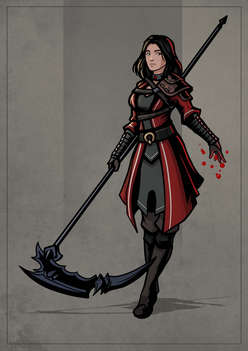 May include: A woman in a red and black outfit holds a large black scythe with a curved blade. She has long black hair and is wearing a red cloak with black accents. Blood splatters are visible on her hand.