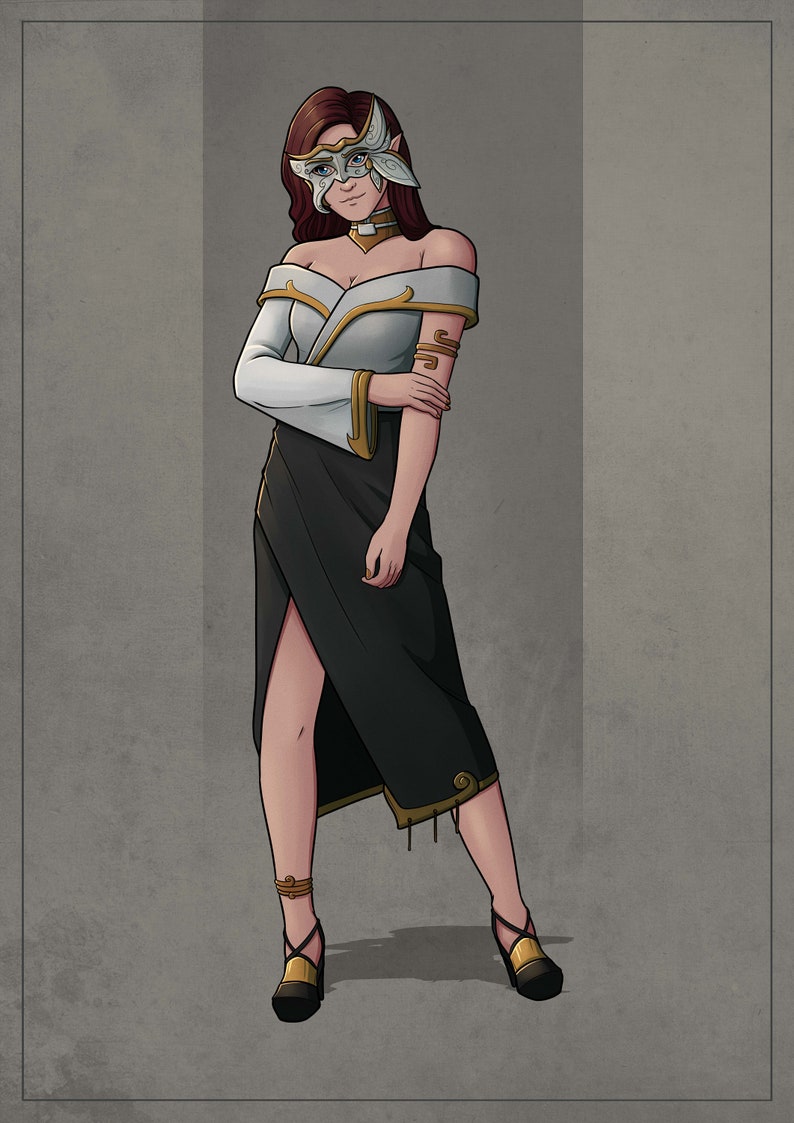 以下が含まれることがあります： 白と黒のドレスに金のアクセントをつけた人物のイラスト。装飾的なマスクと金色のヒールを着用しています。背景は無地のグレーです。