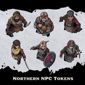 Puede incluir: Seis fichas de PNJ del Norte ilustradas. Los personajes se representan desde una perspectiva cenital, cada uno con atuendos y armas únicos. La paleta de colores incluye marrones, verdes y rojos. El texto "NORTHERN NPC TOKENS" está en la parte inferior.