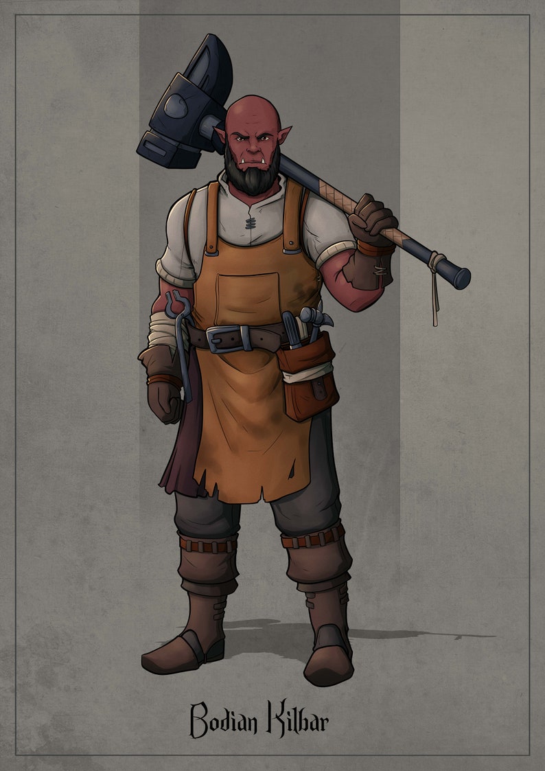 以下が含まれることがあります： 赤い肌のオークの鍛冶屋のデジタルイラスト。大きなハンマーを肩越しに持っています。白いシャツ、茶色のエプロン、革手袋を着用。ベルトにはツールとポーチが付いています。「Bodian Kilbar」という名前が下に書かれています。