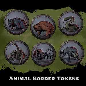 Puede incluir: Seis fichas circulares con ilustraciones de animales. Las fichas representan una rata, un oso, una serpiente, un escorpión, una araña y un lobo, cada uno dentro de un círculo oscuro. El texto "ANIMAL BORDER TOKENS" se muestra en la parte inferior.