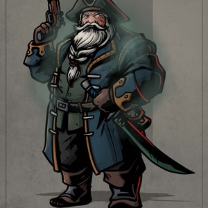 May include: A weathered pirate captain with a long white beard and a braided ponytail, wearing a blue coat with gold accents, holding a pistol in one hand and a sword in the other. He is standing against a gray background.