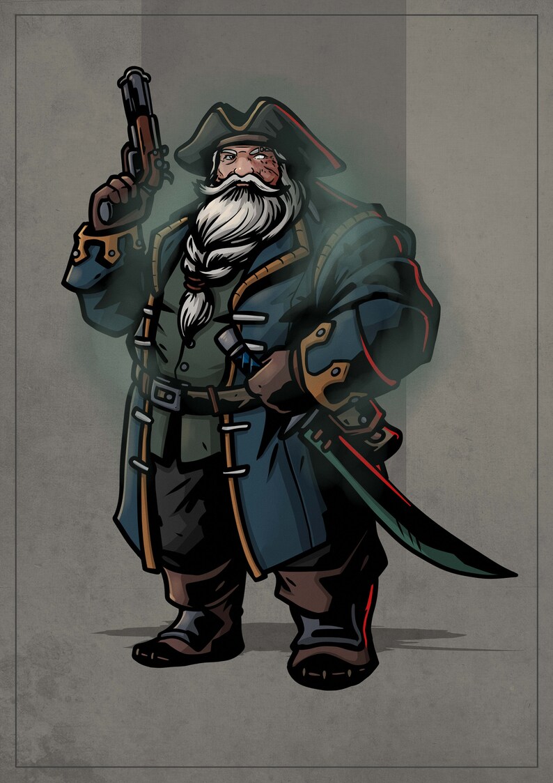 May include: A weathered pirate captain with a long white beard and a braided ponytail, wearing a blue coat with gold accents, holding a pistol in one hand and a sword in the other. He is standing against a gray background.
