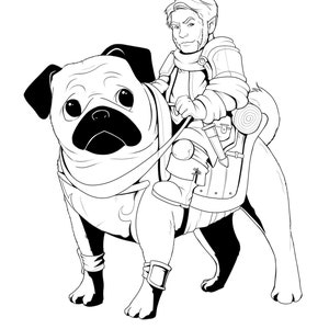 May include: A black and white line drawing of a person riding a pug. The person is wearing a tunic and has a pointed ear. The pug is wearing a saddle and has a harness.
