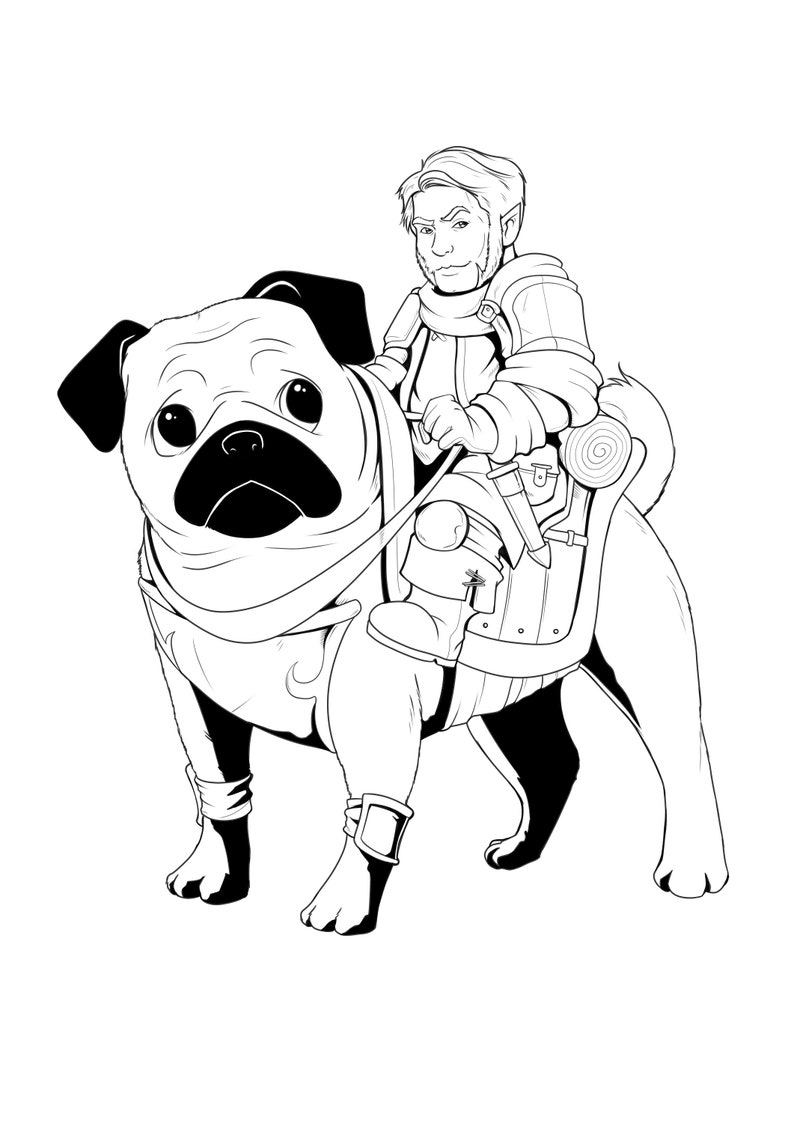 May include: A black and white line drawing of a person riding a pug. The person is wearing a tunic and has a pointed ear. The pug is wearing a saddle and has a harness.