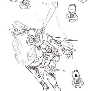 May include: Line art drawing of a robot with a large sword, wearing a tattered cloak and a helmet with a single eye. The robot is in a dynamic pose, with its sword raised and its body twisted. The drawing is in black and white and has a stylized, almost cartoonish look. The text "B-g!EN [Balen]" is written below the robot.