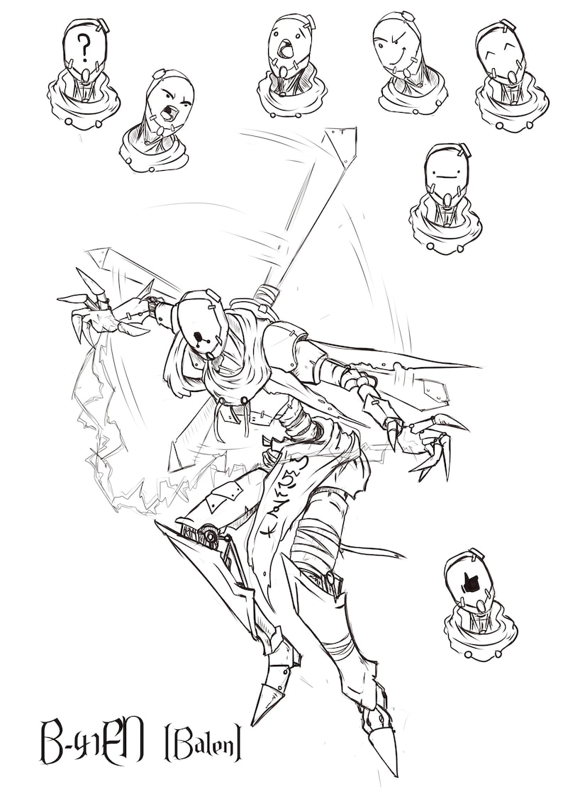 May include: Line art drawing of a robot with a large sword, wearing a tattered cloak and a helmet with a single eye. The robot is in a dynamic pose, with its sword raised and its body twisted. The drawing is in black and white and has a stylized, almost cartoonish look. The text "B-g!EN [Balen]" is written below the robot.