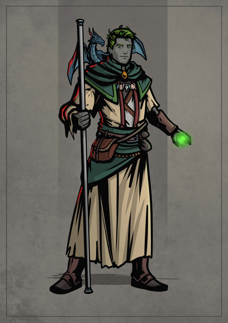 May include: A green-skinned person with green hair and a blue dragon on their shoulder, wearing a long brown robe with a green sash and a brown leather pouch. They are holding a long staff and have a green glow in their hand.