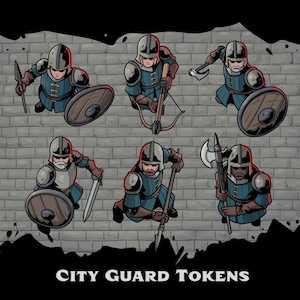 Puede incluir: Ilustración de seis fichas de la Guardia de la Ciudad. Cada figura está vestida con una armadura azul con un casco y varias armas, incluyendo una lanza, una ballesta, una espada y un hacha. Las fichas están sobre un fondo de ladrillos grises.