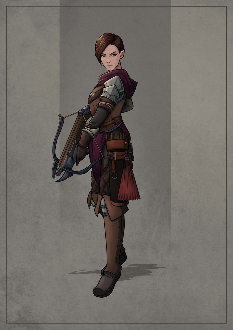 以下が含まれることがあります： 茶色と紫の鎧を着たファンタジーキャラクターのデジタルイラスト。キャラクターは短い茶色の髪、尖った耳、緑色の目をしています。鎧には肩パッド、フード付きのマント、赤いタッセルの付いた矢筒が含まれています。