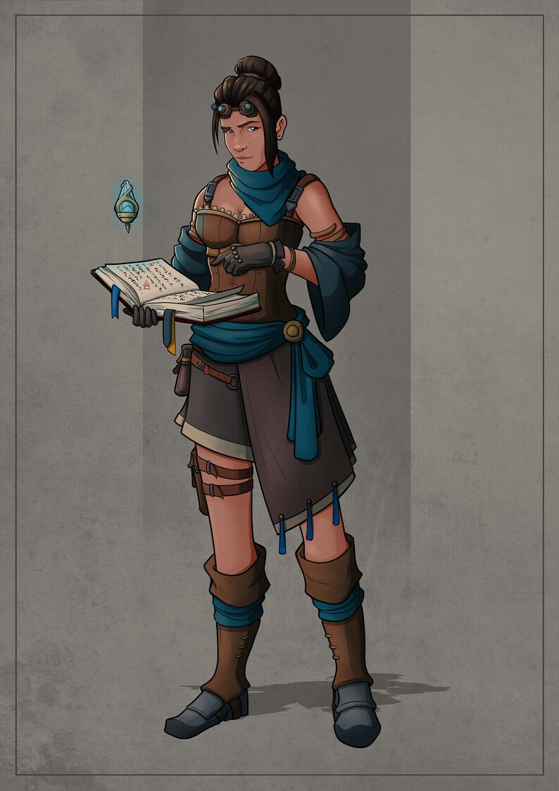 以下が含まれることがあります： ファンタジー衣装の女性キャラクターのデジタルイラスト。茶色のコルセット、ショートパンツ、ブーツを着用し、青いスカーフとアクセントがあります。彼女は文字が書かれた開いた本を持っており、輝くオーブが近くに浮かんでいます。このアートワークは、詳細で様式化された美学を持っています。
