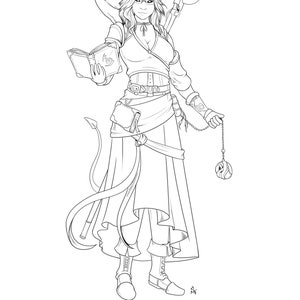 May include: Line art drawing of a female character with horns, wearing a long skirt, boots, and holding a book and a pendulum. She has a bird perched on her shoulder and a staff behind her.