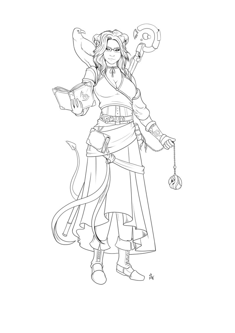 May include: Line art drawing of a female character with horns, wearing a long skirt, boots, and holding a book and a pendulum. She has a bird perched on her shoulder and a staff behind her.