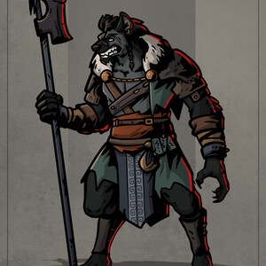 May include: A black and gray wolf-like creature wearing a green and brown outfit, holding a spear with a black axe head. The creature has a fierce expression and is standing on a gray background.