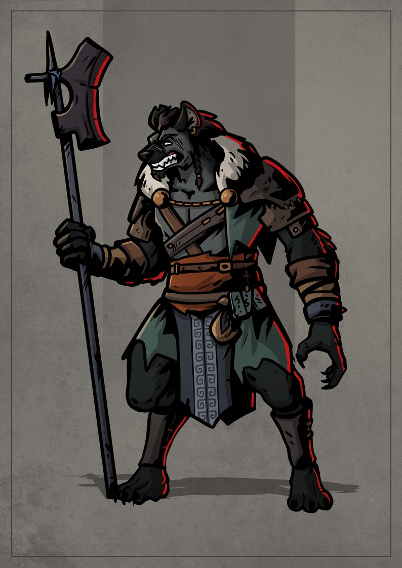 May include: A black and gray wolf-like creature wearing a green and brown outfit, holding a spear with a black axe head. The creature has a fierce expression and is standing on a gray background.