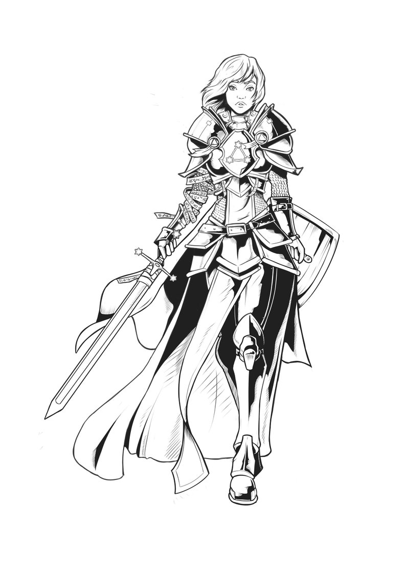 May include: A black and white line drawing of a female knight in full armor, holding a sword and shield. She is wearing a long flowing cloak and has a determined expression on her face.
