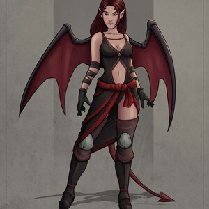 以下が含まれることがあります： 赤い翼と尻尾を持つ女性の悪魔のキャラクターのデジタルイラスト。黒と赤の衣装に膝パッドを着用しています。彼女の髪は茶色で、青い目をしています。背景はグレーのグラデーションです。
