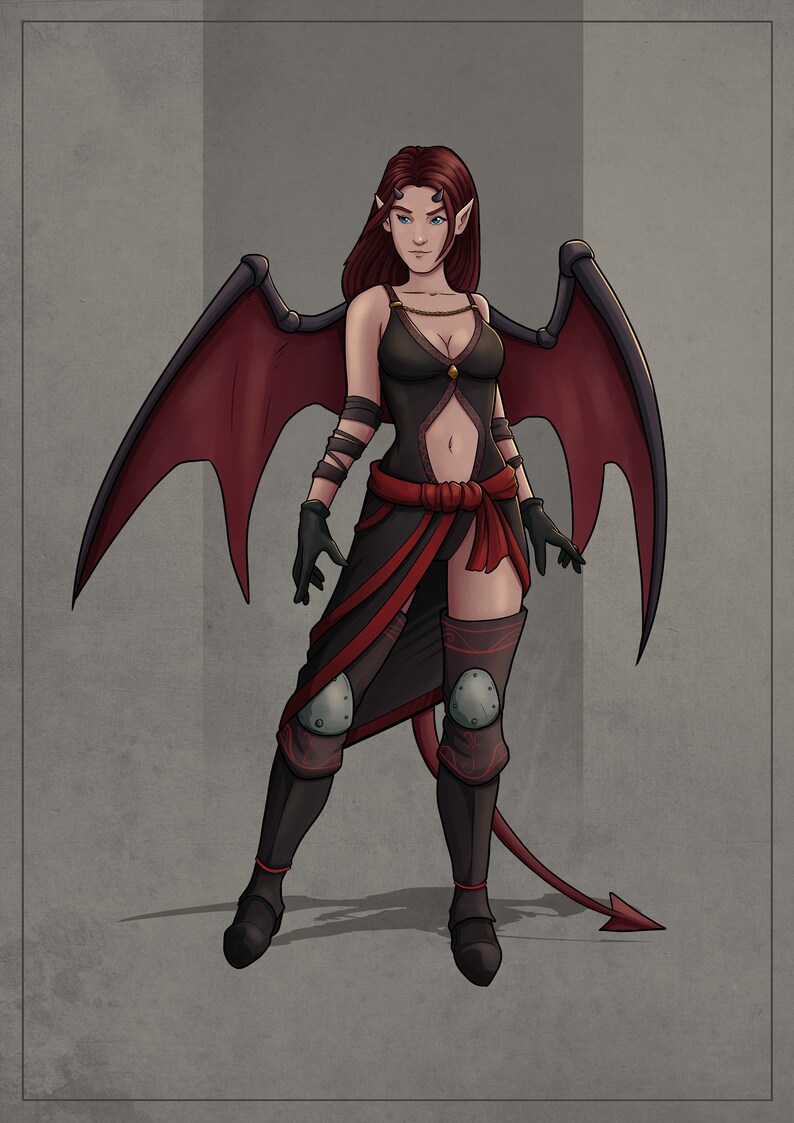 以下が含まれることがあります： 赤い翼と尻尾を持つ女性の悪魔のキャラクターのデジタルイラスト。黒と赤の衣装に膝パッドを着用しています。彼女の髪は茶色で、青い目をしています。背景はグレーのグラデーションです。