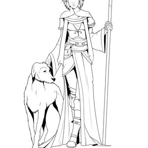 May include: Black and white line art illustration of a woman in a long robe and boots holding a staff. She is standing next to a dog.