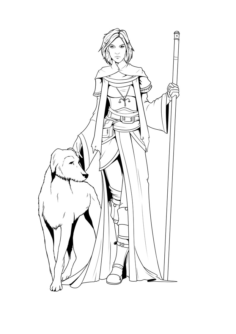 May include: Black and white line art illustration of a woman in a long robe and boots holding a staff. She is standing next to a dog.