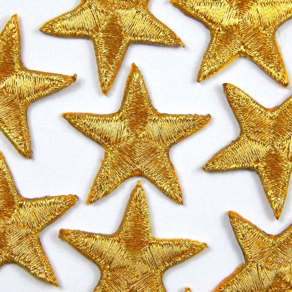 Gold star patches / applique > repair or decorate clothing > embroidered gold stars > iron-on > 1" (25mm) across > hand finished