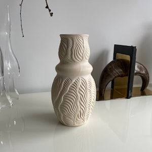 Vintage Biomorphic Studio Pottery Banded Vase | Canadian Artist Rachelle Chinnery | Fine Art Matte Porcelain | Hand Carved Sgrafitto