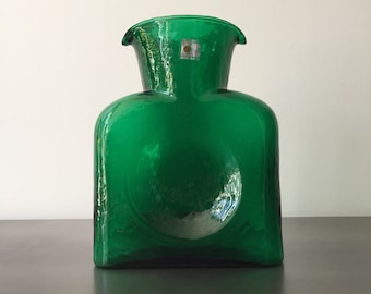 Vintage Blenko Double Spout // Decanter Carafe Water Pitcher Square // Emerald Green
