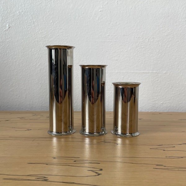 Vintage 1980s Chrome Candleholder Vase Set of Three (3) | MENU Danish Steel House | Graduated Candle Holders | Made in Denmark