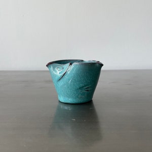 May include: A small, teal blue ceramic planter with a unique, wavy, organic shape. The planter has a dark brown rim.