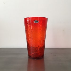 Vintage Blenko Crackle Tangerine Vase 366-M // Wayne Husted // Original Foil Label // American Mid Century Modern Design