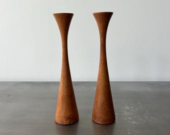 Mid Century Teak Candlestick Pair | Kesa Denmark | Set of Two (2) | Turned Wood Hourglass Form | Scandinavian Modern Danish Design