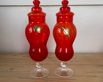 Mid Century 1960s Empoli Apothecary Jar Set of Two | Red Orange Clear Glass | Pedestal Base Optic Glass | Enesco Imports | Italian Modern