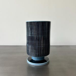 Mid Century Poole Pottery Cylindrical Pedestal Vase | Robert Jefferson | Blue Striped Bokhara Design