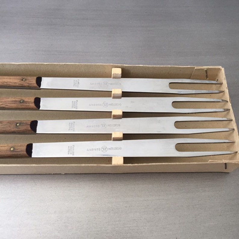 4 Carl Aub\u00f6ck Stainless Steel Rosewood Original Box Mid Century Modern Design Vintage Amboss Austria Fondue Fork Set Four