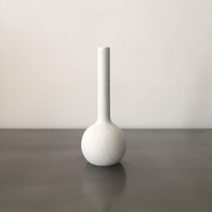 May include: A white ceramic vase with a textured surface and a round base. The vase has a tall, slender neck.
