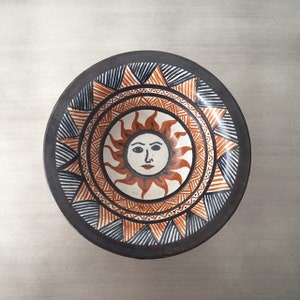 Vintage Geometric Sun Design Pottery Dish // Alexander Girard Style // Blue, Red, Black // Primative Boho Design