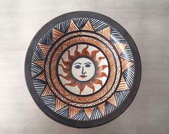 Vintage Geometric Sun Design Pottery Dish // Alexander Girard Style // Blue, Red, Black // Primative Boho Design